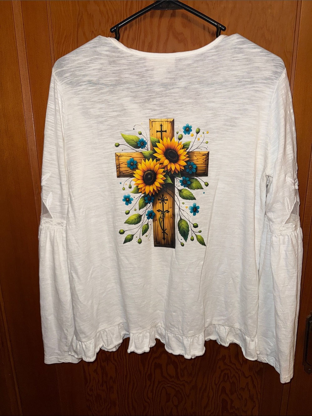 Style & Co. White Long-Sleeve Top with Sunflower and Cross Graphic